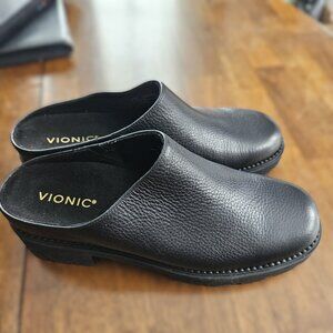 Vionic Black Leather Clog Mules